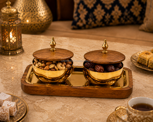 Plateau en métal avec 2 bols plaqués or, design traditionnel, thème floral, multifonctionnel pour table à manger, ensemble décoratif pour le Ramadan - Product Image 3