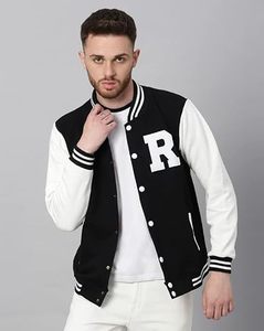 <b>Men's</b> Black <b>White</b> Varsity <b>Jacket</b> Letter R Print Preppy Style Regular Fit Polyester Material Turn-down Collar Single Button - Product Image 2