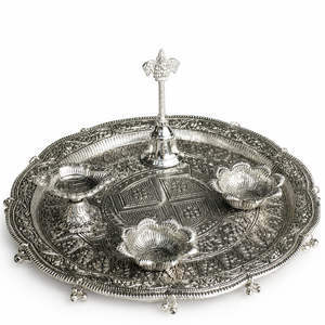 Traditional Silver Polished Embossed <b>Pooja</b> Thali Set with Aarti Deepak Bell for Home <b>Mandir</b> Diwali Handmade Festive Decor - Product Image 5