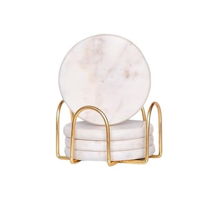 Glamorous White Marble Drink Coaster Set with Electroplated Gold Rack Modern Luxe <b>Table</b> <b>Protectors</b> for Home Barware - Product Image 2