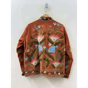Gul Earth Hand-Embroidered Floral Suzani Velvet Jacket <b>Brown</b> Reversible Quilted Varsity Elegant Mandarin Collar Full Sleeve - Product Image 2