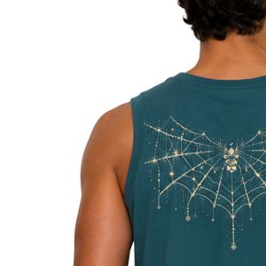 Débardeur sans manches bleu sarcelle avec imprimé graphique toile d'araignée, gilet en coton personnalisé pour homme, col rond, mode streetwear décontractée d'été - Product Image 6