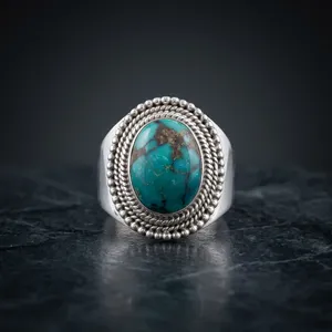 Bague en argent sterling 925 avec turquoise, style népalais, faite à la main, bijoux ethniques bohèmes pour femmes et hommes, à porter au quotidien - Product Image 2