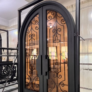 Royal Luxury Traditional Wrought Iron Water Resistant Entry Door Geometric Glass Panels Arched Design <b>Swing</b> Style Exterior Door - Product Image 2