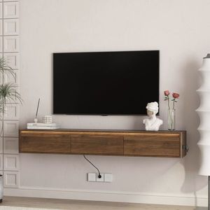 Meuble TV mural flottant en bois laqué brillant avec éclairage LED et prise électrique pour salon - Product Image 1