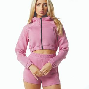 Femmes en détresse haut court à capuche personnalisé 100% coton Tech polaire Streetwear fermeture éclair sweats support en gros pour l'hiver - Product Image 1