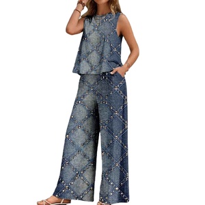 Femmes été sans manches gilet ensemble imprimé cou T-Shirt haut ample pantalon droit deux pièces voyage bureau dame plaine teint - Product Image 1