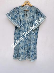 Mini vestido Maxi para mujer con estampado de flores azul y blanco de algodón indio recién llegado - Product Image 2