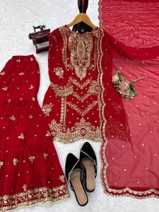 Radiant Faux Georgette Embroidered <b>Top</b> Front Back Work Sharara Festive Wedding Ethnic Apparel Collection Women Quick Dry All - Product Image 6