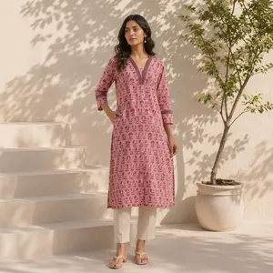 Kurti rose à imprimé floral pour femme, col en V, manches trois quarts, coupe droite, tunique ethnique, décontractée, élégante, confortable, à porter au quotidien - Product Image 3