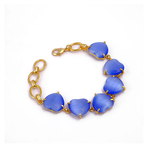 Pulseras de Cadena con Gema Cabujón Ojo de Gato Azul en Forma de Corazón - Elegantes Pulseras de Joyería de Corazón Chapadas en Oro para el Amor - Product Image 2