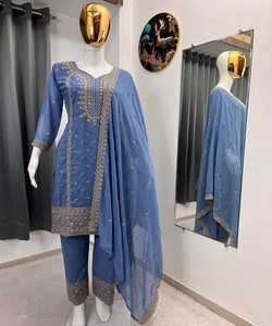 Women Blue Salwar Kameez <b>Set</b> With Dupatta Traditional Ethnic Wear Casual Style Regular Fit India Pakistan Fashion 81038 AC-7084 - Product Image 2