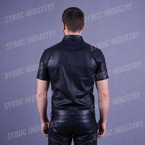 เสื้อเชิ้ตหนังลายทางสำหรับผู้ชาย แขนสั้น สีดำ-เหลือง แถบลายตัดกัน กระเป๋าหน้าอก ติดกระดุมด้านหน้า เสื้อท่อนบนดีไซน์โดดเด่น - Product Image 4