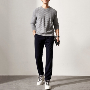 Men's Navy Blue Knitted <b>Pullover</b> <b>Sweater</b> With 1/4 Zipper Closure Full Sleeve Solid Color Autumn Wear - Product Image 5