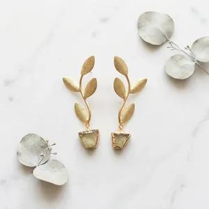 Pendientes Colgantes Vintage de Latón Chapado en Oro con Forma de Planta y Piedra de Cuarzo, Joyería para Mujer para Fiestas - Product Image 2