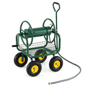 Carrello Avvolgitubo da Giardino Robusto in Acciaio e PVC con Ruote Pneumatiche da 10 Pollici, Grande Capacità, Raccordi in Ottone e Cesto Portaoggetti - Product Image 1