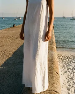 Robe longue décontractée pour femme en mélange de lin blanc uni, sans manches, pour l'été, la plage et les vacances, coupe ample - Product Image 4