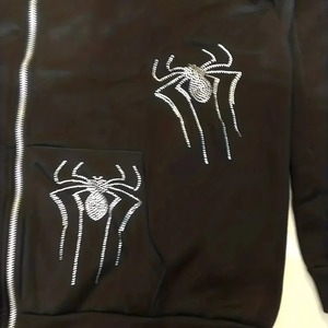 Sweat-shirt à capuche zippé pour homme, noir, imprimé araignée avec strass, style streetwear oversize, en polyester tricoté - Product Image 4
