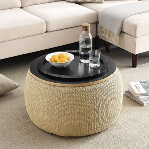 Pouf Rotondo Multifunzione 2 in 1 Naturale (64,77x64,77x36,76 cm) - Utilizzabile Come Tavolino e Pouf - Product Image 3