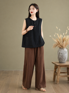 Women <b>Linen</b> Cotton Solid Woven Sleeveless Shirt Loose Fit Henley Tank Summer Casual Pullover with Side Pockets - Product Image 2