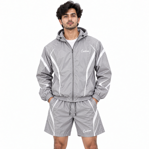 Men Lightweight Windbreaker Panel Hoodies <b>White</b> <b>Zip</b> <b>Up</b> Custom Logo Reflective 100% Nylon Track Shorts Set Windproof Outdoor USA - Product Image 1