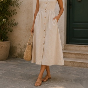 Robe midi à col carré, style bohème, sans manches, en lin respirant, robe d'été décontractée - Product Image 6