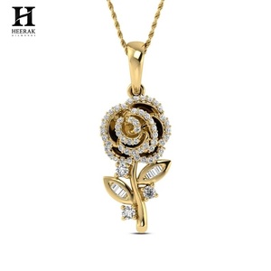 Elegant Rose Flower <b>Pendant</b>, Pavé and Baguette Diamond Floral Jewelry, <b>Solid</b> <b>Gold</b> Fine Jewelry by Heerak Diamonds - Product Image 1