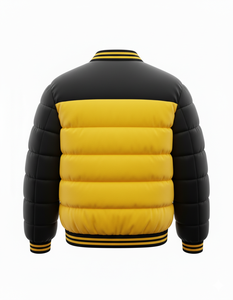 Veste bomber d'hiver pour homme, noire et jaune, style varsity, avec boutons-pression, streetwear, col et poignets côtelés, coupe ajustée - Product Image 3