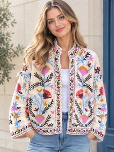 Chaqueta Floral Bordada Crema para Mujer, Estilo Prairie Chic, Cuello Alto, Abrigo de Primavera, Blusa Boho, Prenda Exterior, Chaqueta Casual Prairie para Mujer - Product Image 1