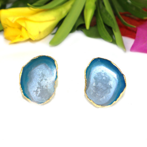 Goran Vogue Unique Design Blue Geode Druzy Gemstone Skeleton Geometric 24K Gold Plated <b>Brass</b> Girls Women's Gift Stud Earrings - Product Image 1