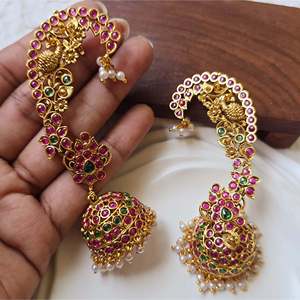 Vintage Peacock Drop Ear Cuffs for Bride-Pearl and Diamond Accents - Product Image 2
