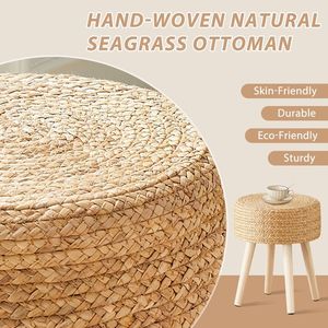 Poggiapiedi Ottomano in Giacinto Marino Naturale Intrecciato a Mano con Gambe in Legno Massello, Sgabello per Ingresso e Uso Alberghiero - Product Image 4