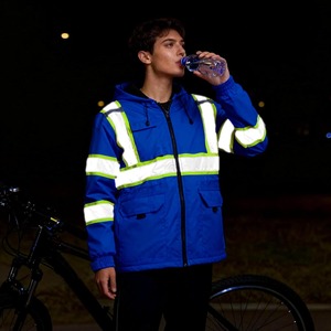Men's Blue Hooded <b>Waterproof</b> Safety <b>Jacket</b> With Reflective Stripes And Pockets Workwear Style <b>Winter</b> Wear - Product Image 1