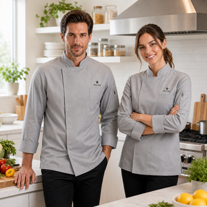 Uniforme de Chef con Logotipo Personalizado en Relieve, Manga Larga, Cuello Mao, Transpirable, Tejido Suave TR Spandex, Cierre de Botones, para Restaurante y Bar - Product Image 1