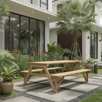 Ensemble de table à manger de pique-nique moderne en teck naturel avec structure en bois massif pour usage extérieur dans une villa, une salle de sport ou une ferme