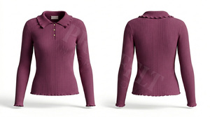Polo côtelé 100 % haute qualité avec détails boutonnés personnalisés et col à volants, manches longues, doux et confortable, style tendance - Product Image 4