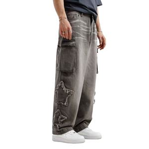Custom High Quality Mens Cargo Baggy Jeans Printed Dirty Denim Vintage Washed <b>Pant</b> Dark Straight Fit and Pockets Jeans <b>Pant</b> - Product Image 2