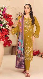 Salwar Kameez Étnico Semisentado de Algodón Cambray para Mujer con Bordado y Trabajo Khatli para Fiestas, Bodas y Diwali - Product Image 5