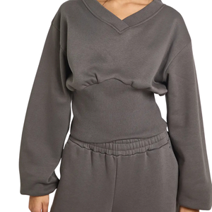 Ensemble de survêtement décontracté deux pièces pour femme : sweat-shirt court à col en V et pantalon de jogging en molleton, coupe décontractée, taille élastique, jambe large, tenue de sport - Product Image 5