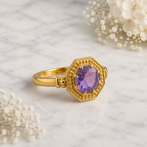 S925 Natural Amethyst Gemstone Rings Gold Plated Sterling Silver Ornate Band Prong <b>Set</b> Classic Women Anniversary Ring Wholesale - Product Image 2