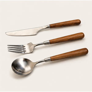 Ensemble de couverts en acier inoxydable de qualité supérieure avec manche en bois naturel, ensemble de couverts pour restaurants et décoration de table moderne à la maison - Product Image 1