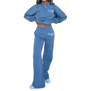 Conjunto de sudadera azul extragrande con cierre de cremallera y pantalones anchos para mujer, ropa cómoda para estar en casa con un estilo estético. - Product Image 1
