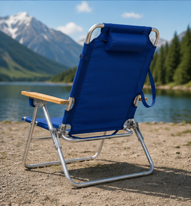 Silla de Playa Plegable Azul de Aluminio con Brazos de Madera y Portavasos, Muebles de Exterior Contemporáneos - Product Image 2