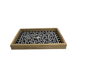 Plateau de service en bois et nacre, motif feuille, artisanat de haute qualité, plateau en nacre et bois. - Product Image 1