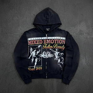 Sudaderas con Capucha y Cremallera MIXED EMOTION 100% Algodón, Estilo Hip-Hop, con Estampado de Diamantes de Imitación, Talla Grande, para Hombre y Mujer - Product Image 3