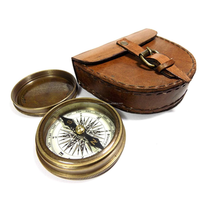 Thủ công rắn brass Túi la bàn với da chính hãng trường hợp bảo vệ và bản lề nắp cho cuộc phiêu lưu ngoài trời và backpacking - Product Image 1