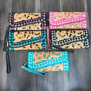 Handmade Tooled Genuine Leather Checkered Pattern Floral Design Women Clutches <b>Credit</b> <b>Card</b> <b>Holder</b> Evening Wristlet Wallet - Product Image 3