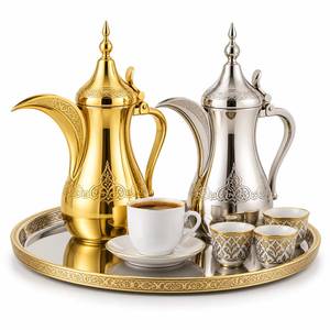 Luxury Gold And Silver Plated Stainless Steel Arabic Coffee <b>Pot</b> <b>Set</b> With Ornate Tray Traditional Dallah Hospitality <b>Set</b> - Product Image 5