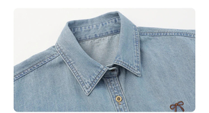 Camisa vaquera informal lavada para mujer, precio mayorista, camisa vaquera larga azul de alta calidad, logotipo y diseño personalizados - Product Image 3