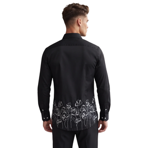 <b>Black</b> Floral Embroidered <b>Mens</b> Long Sleeve <b>Shirt</b> Button Down Casual <b>Slim</b> <b>Fit</b> Fashion <b>Shirt</b> for Formal Party Evening Wear - Product Image 2